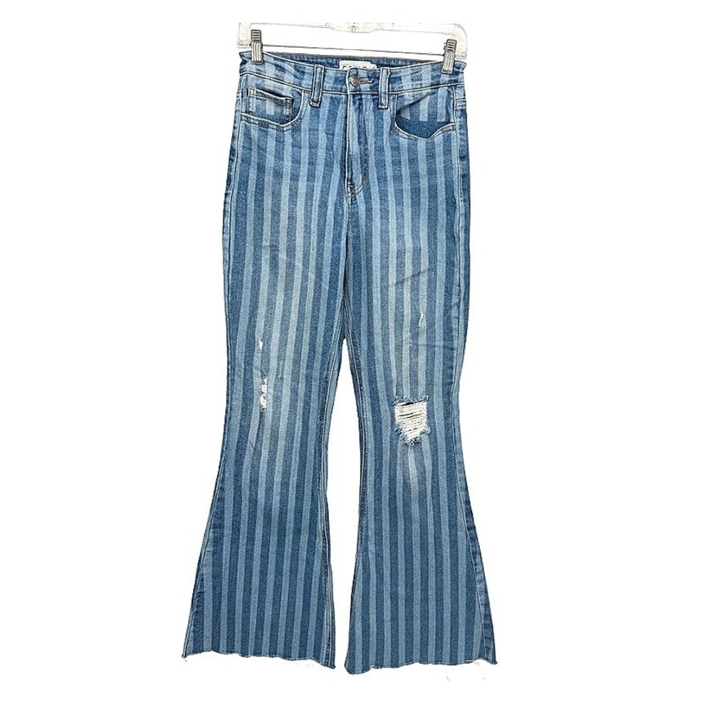 Cello Denim Jeans Striped Flare Leg Distressed Raw Hem Boho Retro Size 3